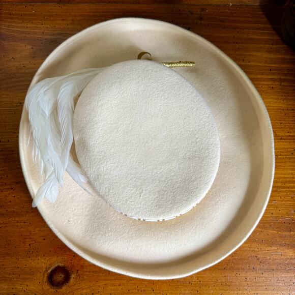 Vintage 1960s Wide Brim Hat Dolores M Chestnut Ivory Wool Felt Feather Gold Trim